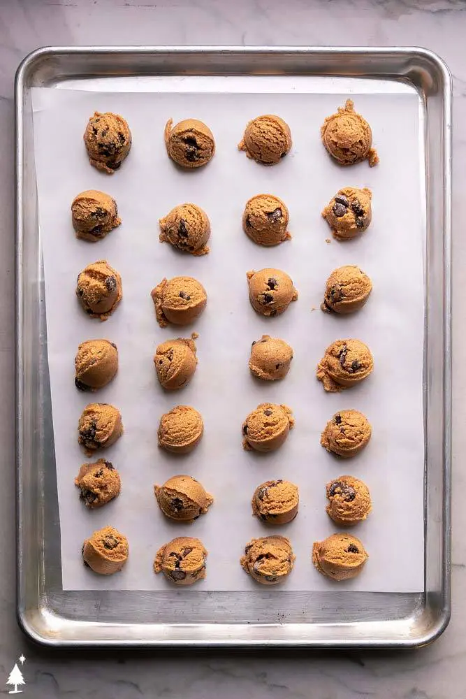 cookie dough bites on a baking tray