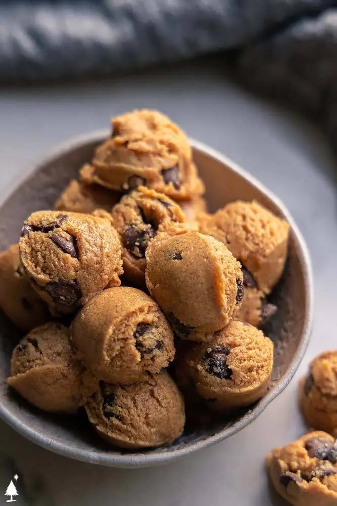 top view of keto cookie dough bites in a bowl