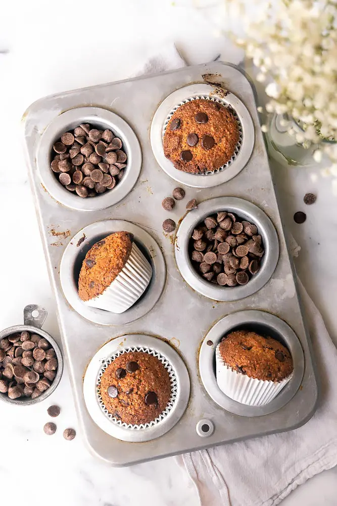 top view of banana bread muffins in a muffin tray