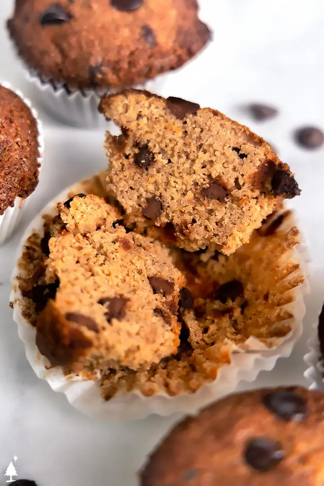 closer view of Keto banana chocolate Chip muffins sliced in half