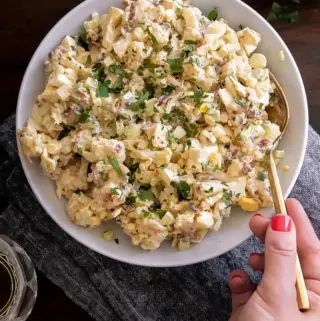 top view of keto potato salad in a plate