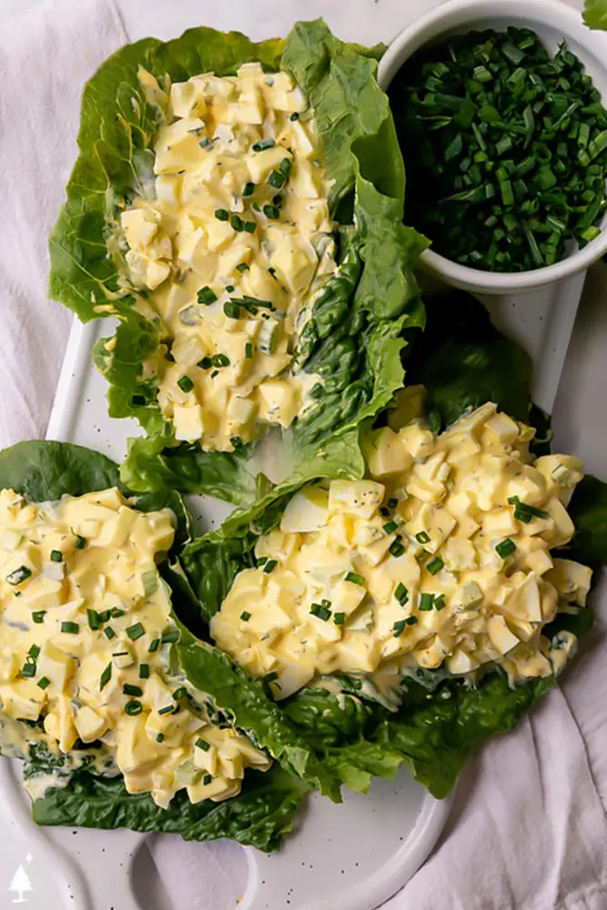 top view of classic egg salad recipe on lettuce wrap