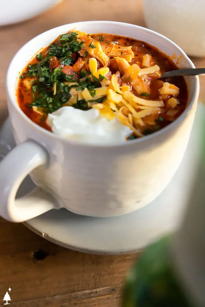 Closer view of easy taco soup in a mug