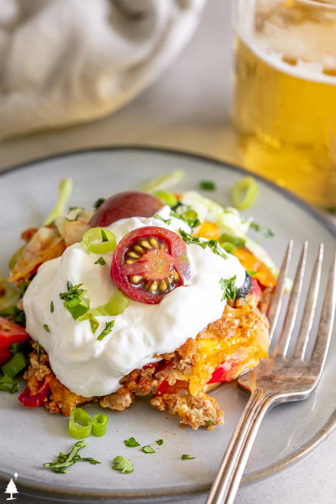 closer view of low carb taco casserole in a plate