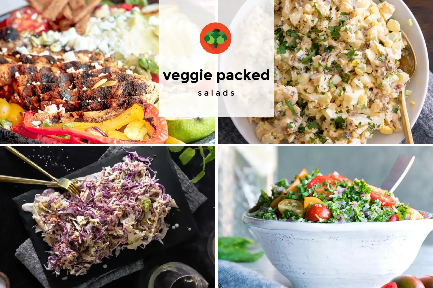 Collage of various veggie packed salads