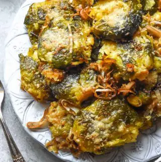 top view of smashed brussel sprouts recipe