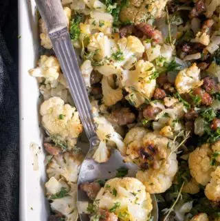 top view of cauliflower stuffing with sausage