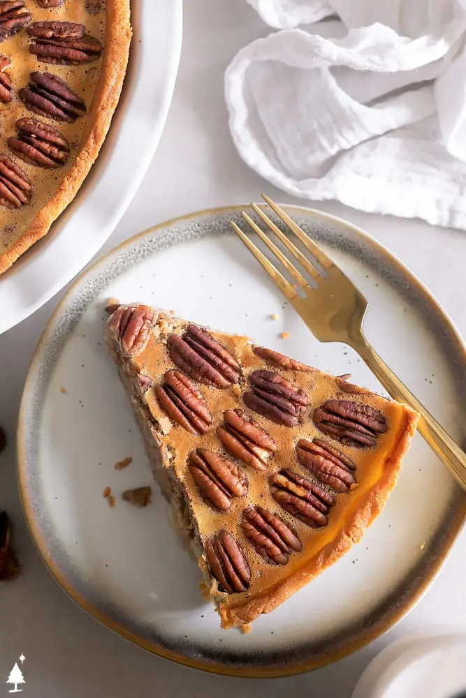 top view of sugar free pecan pie on a plate