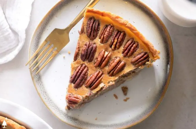 top view of sugar free pecan pie on a plate