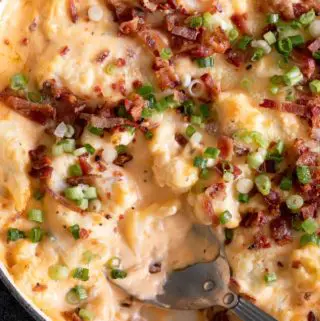 closer view of loaded cauliflower casserole keto