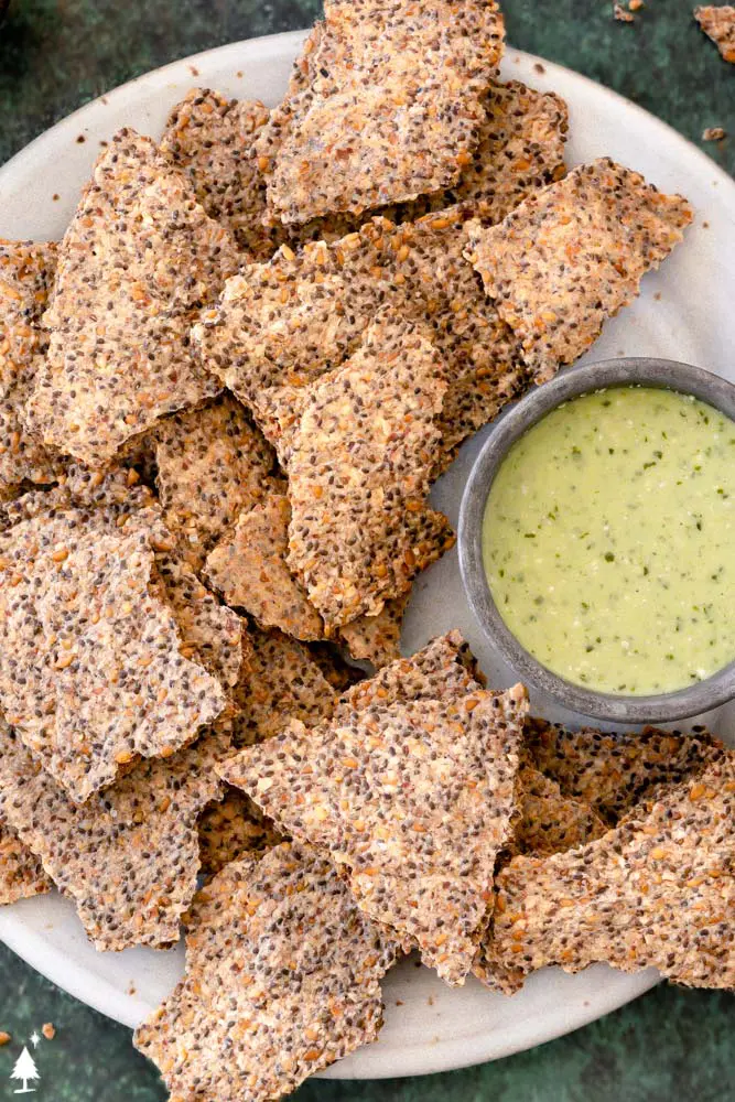 closer view of flax seed crackers recipe oven with dip