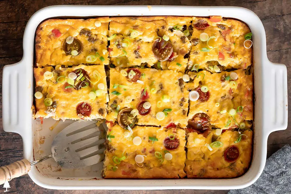 top view of slliced breakfast sausage casserole