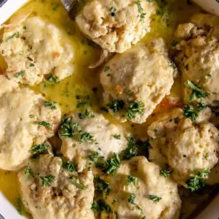 top view of gluten free chicken and dumplings