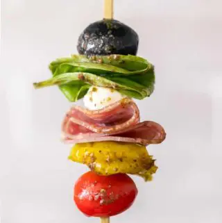 closer view of easy antipasto skewers