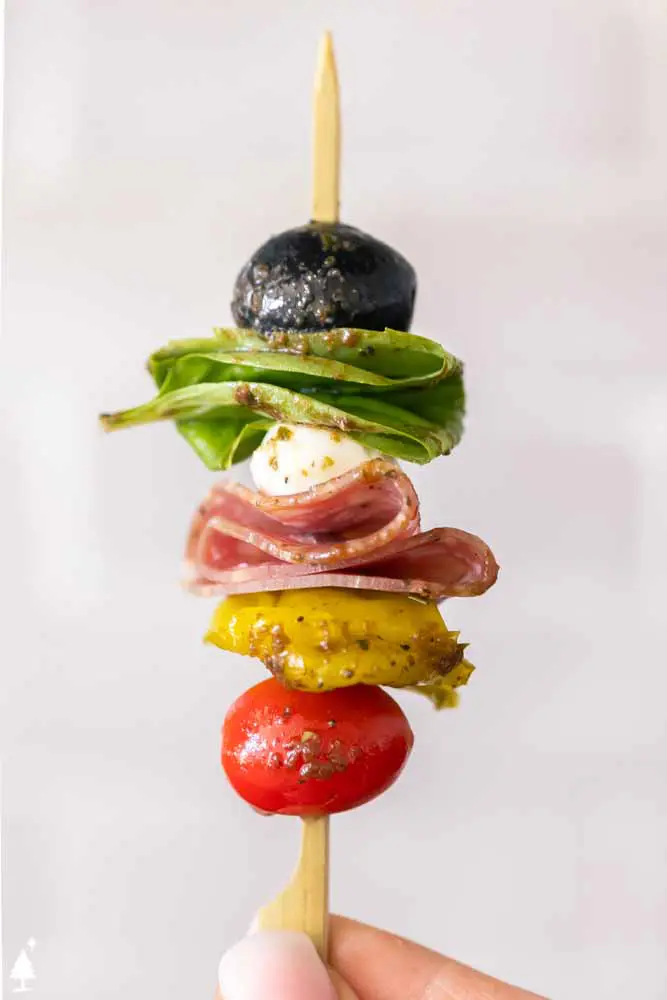 closer view of easy antipasto skewers