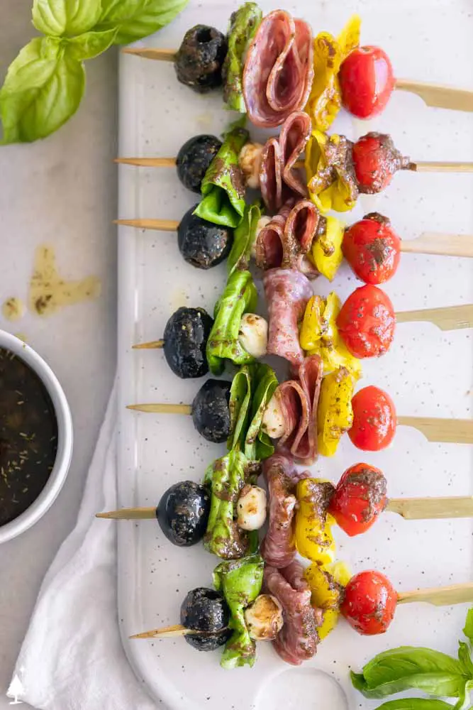 top view of easy antipasto skewers