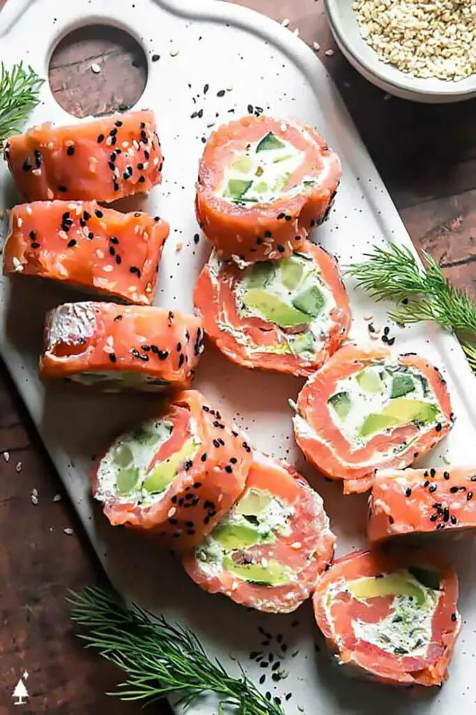 top view of smoked salmon roll ups keto