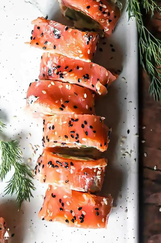 top view of smoked salmon roll ups keto on a plate