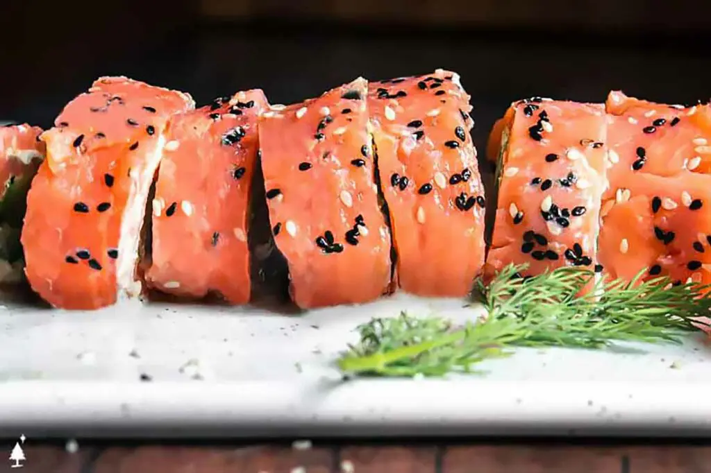 top view of smoked salmon roll ups keto slices