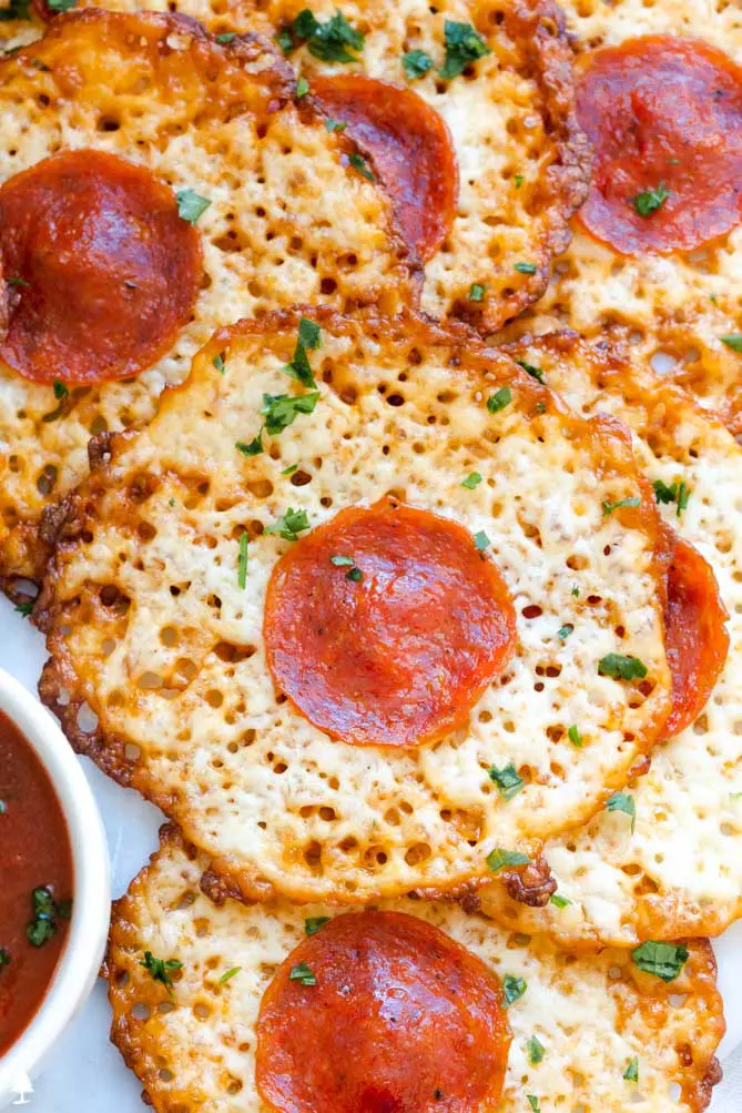 closer view of keto pepperoni cheese chips