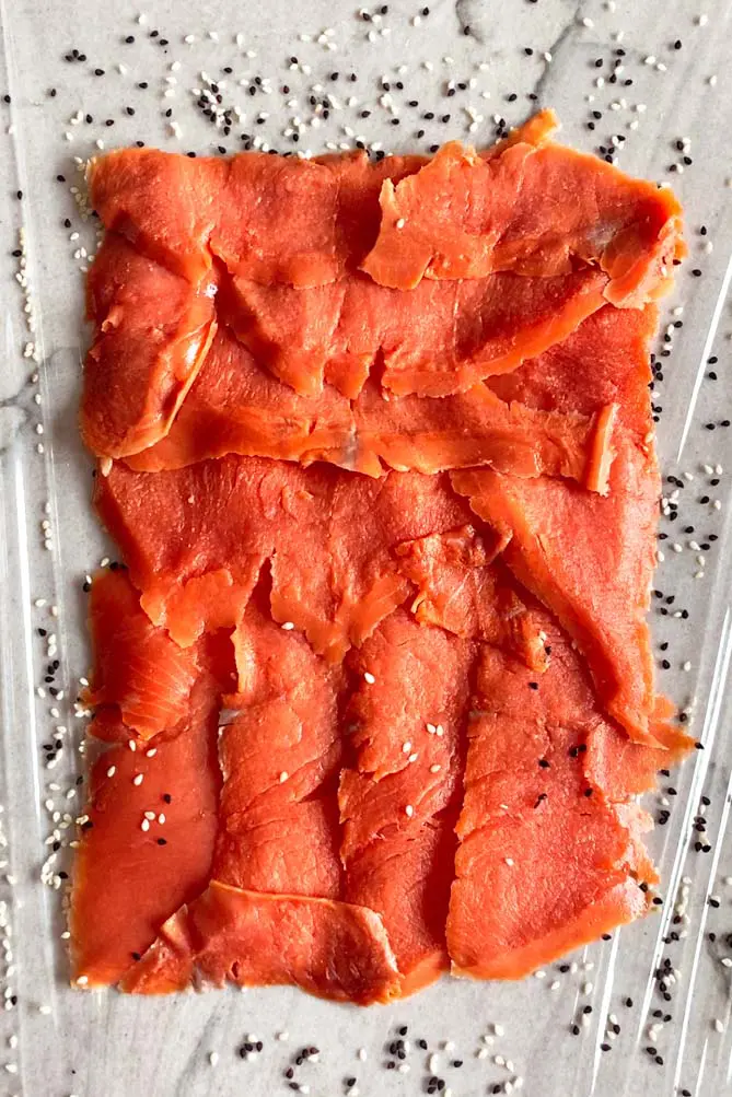 top view of smoked salmon roll ups keto
