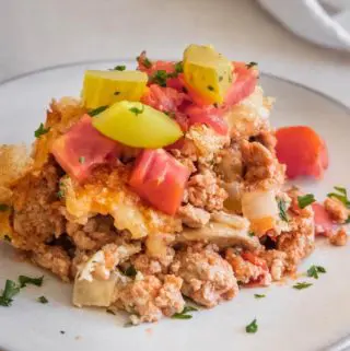 closer view of easy cheeseburger casserole