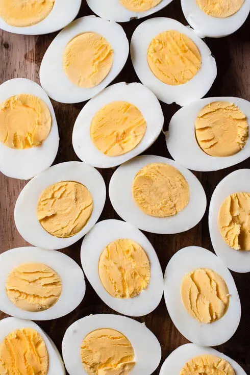 top view of eggs for deviled eggs with bacon