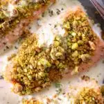 closer view of healthy pistachio crusted salmon