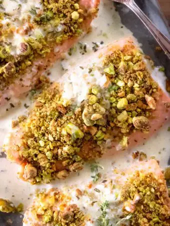 closer view of healthy pistachio crusted salmon