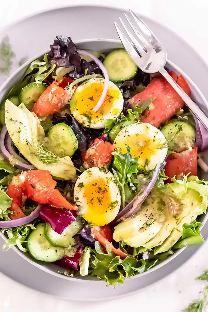 top view of smoked salmon salad keto

