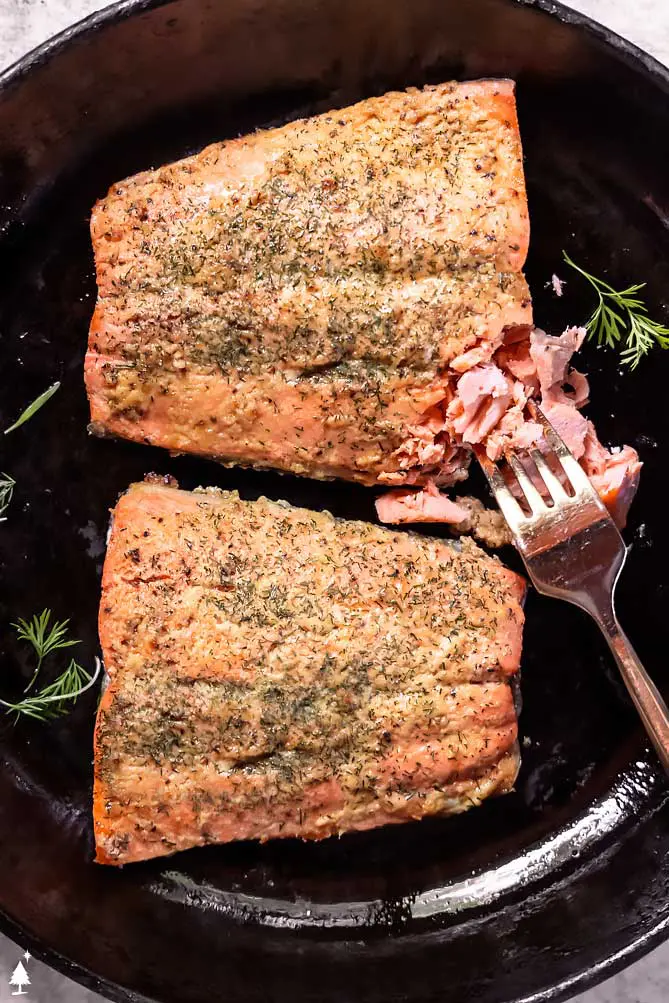 top view of  dijon salmon baked on a plate