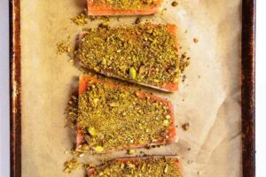 top view of healthy pistachio crusted salmon