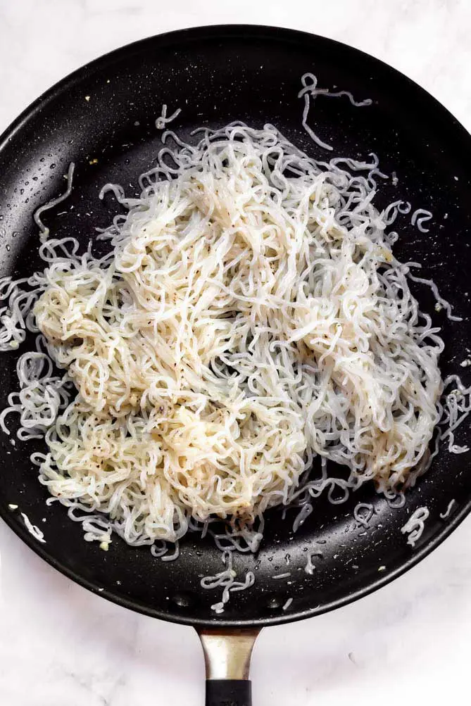 top view of shirataki noodles keto on a pan