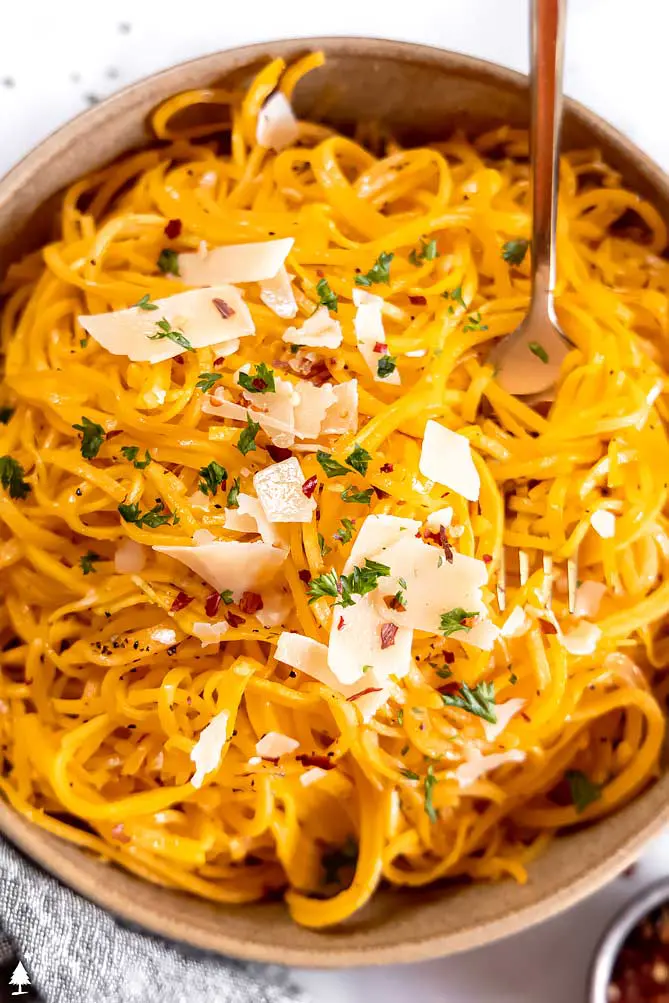 top view of butternut squash noodles keto in a bowl