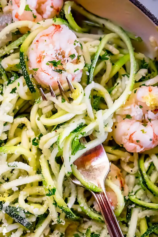 top view of keto shrimp scampi with zucchini noodles