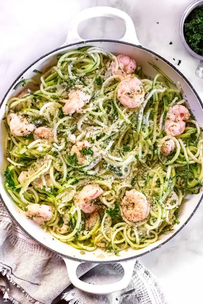 top view of keto shrimp scampi with zucchini noodles