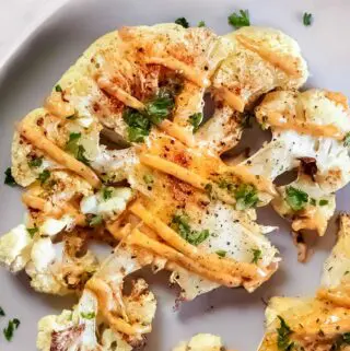 top view of smokey spicy roasted cauliflower steaks