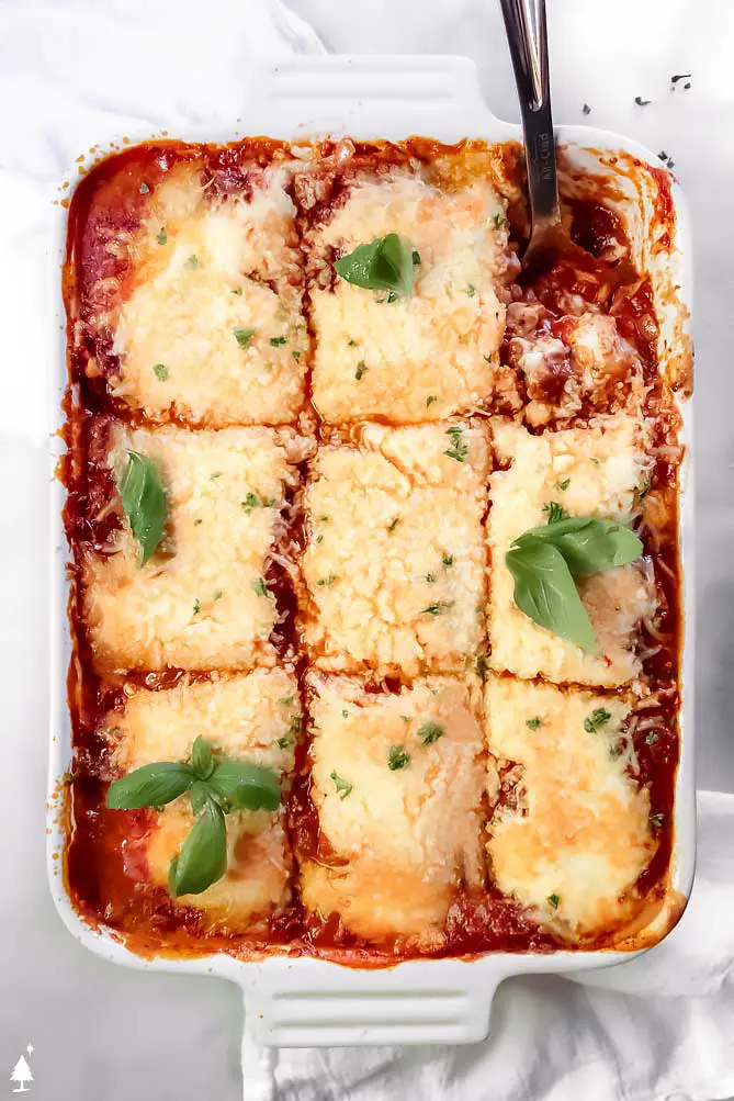 top view of cauliflower lasagna keto
