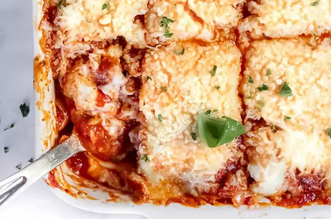 top view of cauliflower lasagna keto