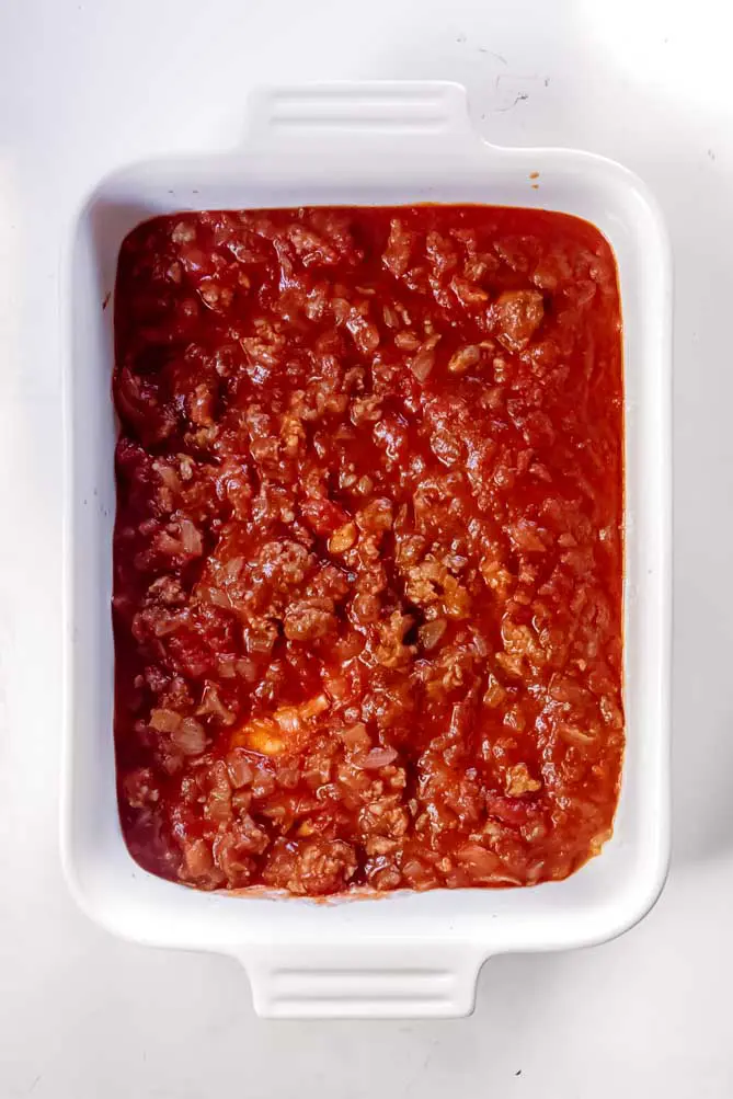 top view of cauliflower lasagna keto meat sauce