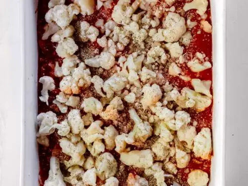 top view of cauliflower lasagna keto