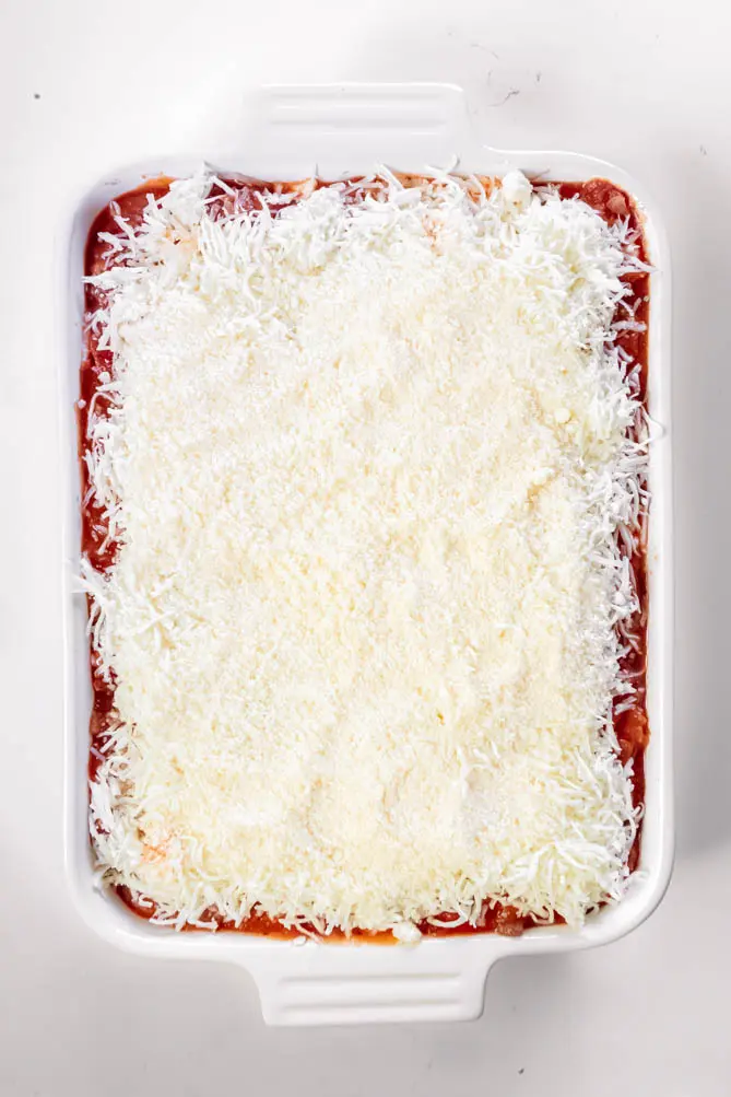 top view of cauliflower lasagna keto with cheese