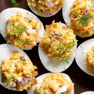 top view of smoked salmon hard boiled eggs