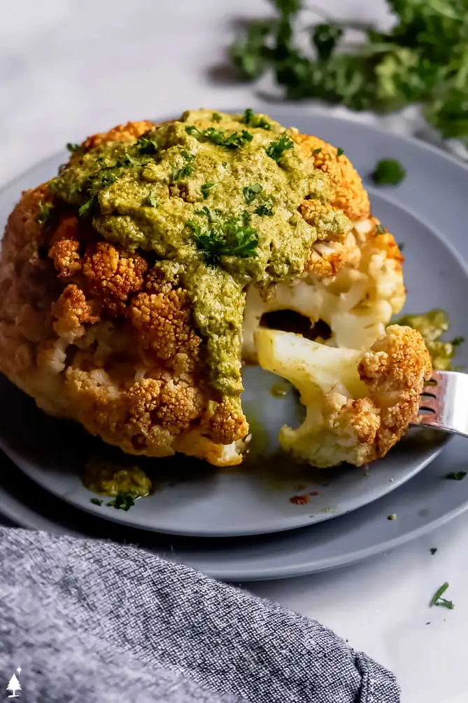 closer view of roasted whole cauliflower