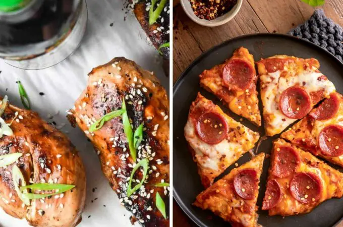 low carb keto chicken recipes collection, on the top is a chicken crust pizza, and the bottom image is an asian chicken marinade