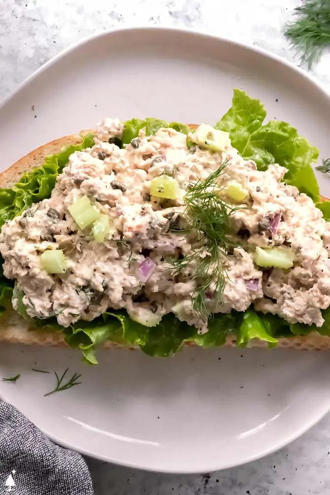 salmon salad sandwich on a plate
