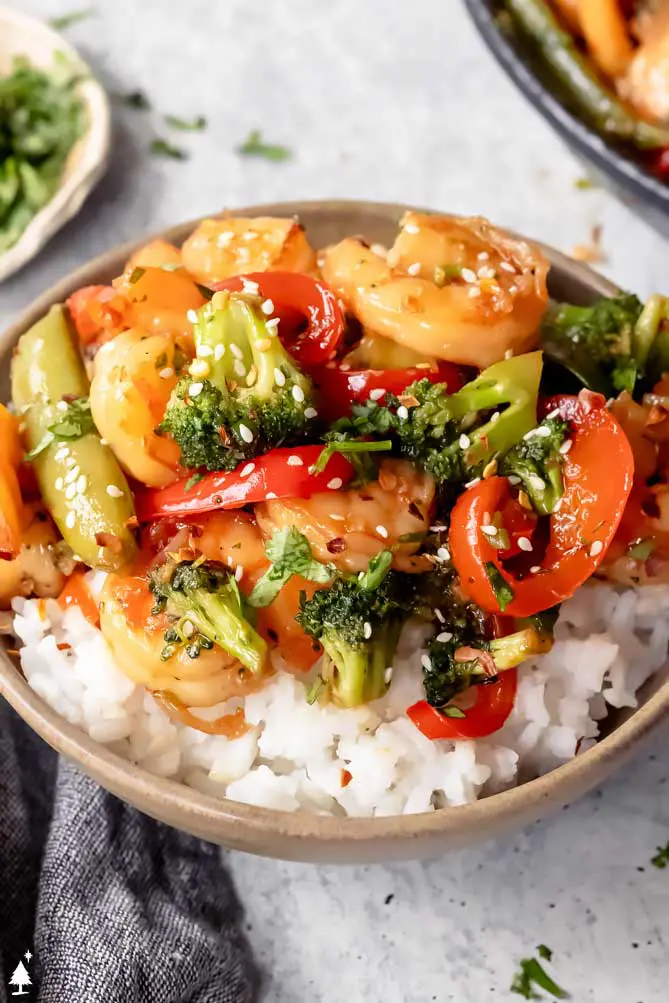 shrimp stir fry over rice in a bowl