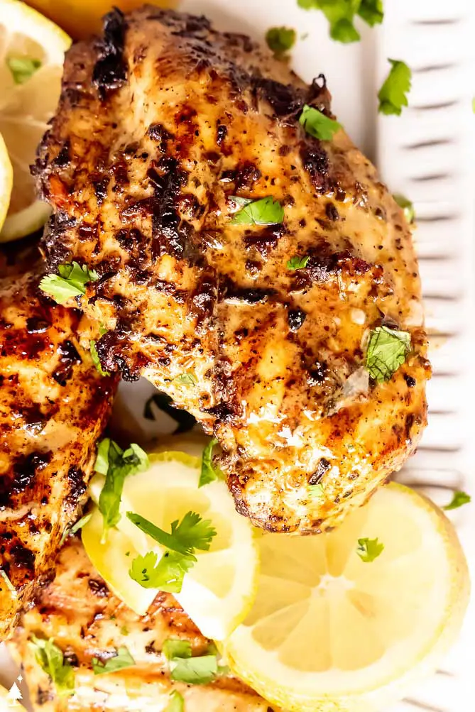 greek chicken marinade on a plate with lemon slices
