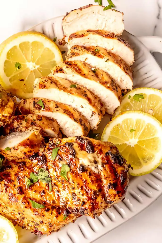 greek chicken recipe used as a grilled chicken marinade on a platter