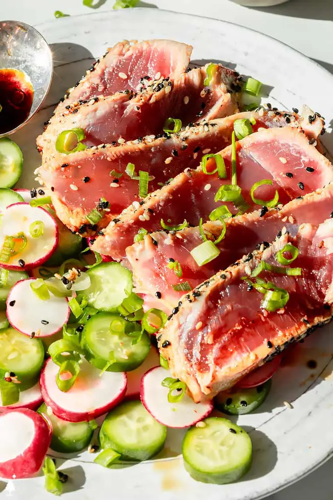 tuna steak marinade drizzled over ahi tuna recipe with seasoning